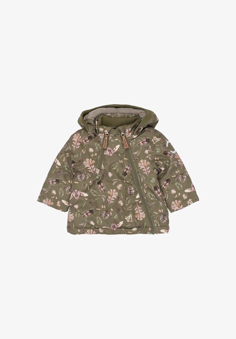 Roheline kapuutsiga taskutega jakk, millel on heledates toonides lillede ja lehtede muster. Valmistatud pehmest, tekstuuriga kangast. Lühikesed varrukad.