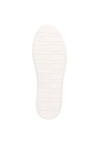 Weißer Gummischuhsohle mit einem strukturierten Muster, das horizontale und vertikale Rillen für Traktion und Stabilität aufweist. Enthält Größenmarkierung.