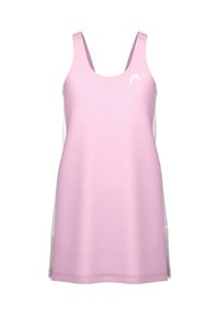 Vestido atlético sin mangas de color rosa claro con escote redondo y pequeño logo blanco en el lado izquierdo del pecho, diseñado para ropa deportiva.