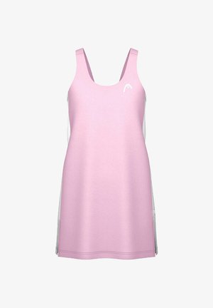 Ärmelloses, hellrosa Sportkleid mit Rundhalsausschnitt und kleinem weißen Logo auf der linken Brust, entworfen für sportliche Aktivitäten.