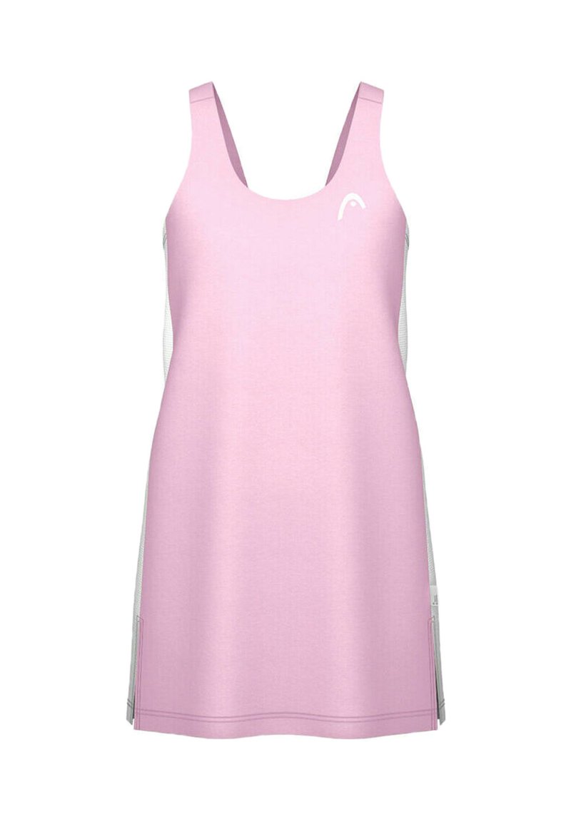 Vestido atlético sin mangas de color rosa claro con escote redondo y pequeño logo blanco en el lado izquierdo del pecho, diseñado para ropa deportiva.