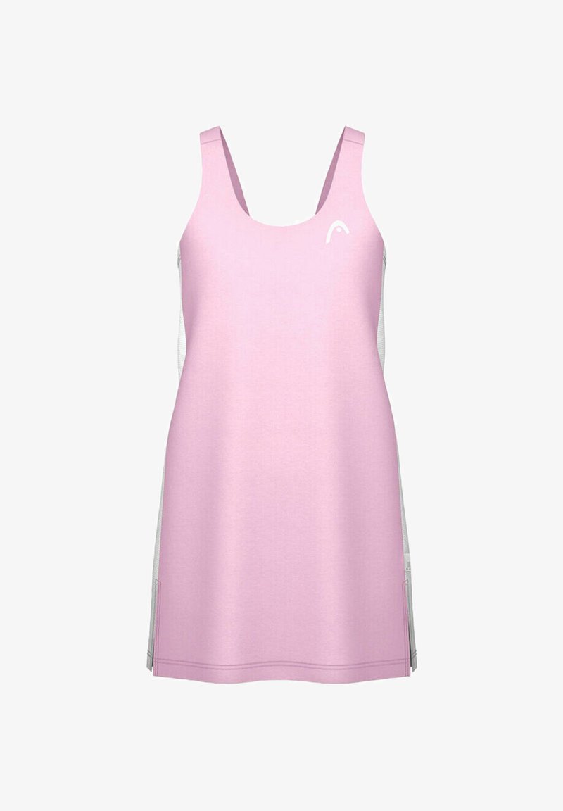 Vestido atlético sin mangas de color rosa claro con escote redondo y pequeño logo blanco en el lado izquierdo del pecho, diseñado para ropa deportiva.