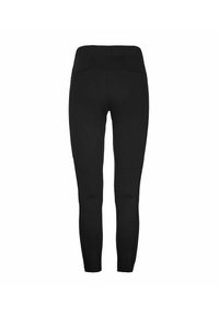 Leggings neri con vita alta, caratterizzati da una consistenza liscia e un design aderente. Nessun motivo visibile o dettagli in metallo.