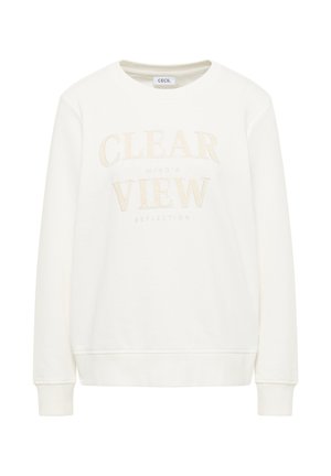 White sweatshirt featuring a round neckline, long sleeves, and textured lettering that reads "CLEAR VIEW MINDS' REFLECTION" in light beige.
