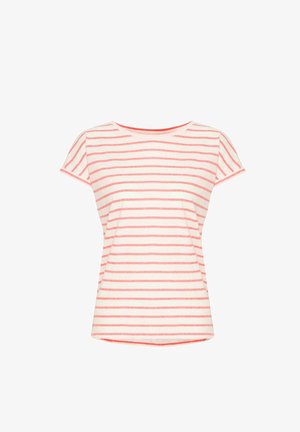 Koszulka w paski w kolorze kremowym z poziomymi koralowymi paskami, okrągły dekolt, krótkie rękawy, luźny krój, miękka tkanina i zaokrąglony dół.
