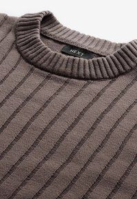 Pull en laine brun, avec une texture côtelée, un encolure large et un étiquette de marque "NEXT" visible au col. Motif rayé vertical distinctif.