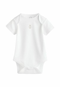 Kortærmet hvid body lavet af blød bomuld. Har et lille trykt bjørnemotiv i lys brun med blå detaljer foran.