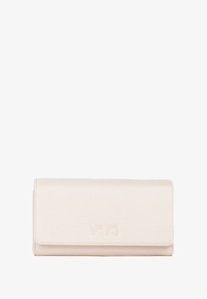 Portafoglio in pelle beige chiaro, finitura testurizzata, chiusura a patta, logo in rilievo "V°73" sul davanti, forma rettangolare, assenza di accessori visibili.