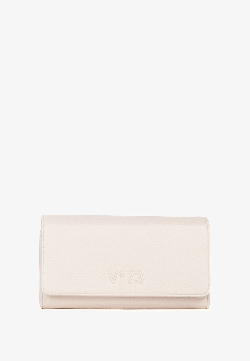 Portafoglio in pelle beige chiaro, finitura testurizzata, chiusura a patta, logo in rilievo "V°73" sul davanti, forma rettangolare, assenza di accessori visibili.
