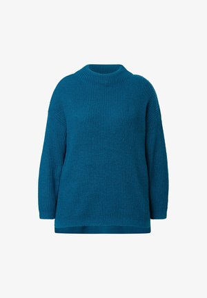 Teal wollen trui met een ribbelstructuur, hoge hals en lange mouwen. Losse pasvorm met een rechte zoom en zijknopens voor gemakkelijke beweging.