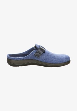 Blue felt clogs with a black leather strap. Round toe and open back design. Textured upper with a flexible rubber sole.