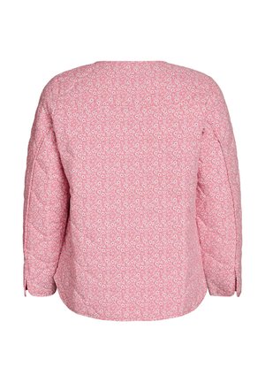 Roze lange mouwen jas met een klein wit bloemenpatroon, rechte zoom en splitdetails aan de manchetten, gezien vanaf de achterkant.