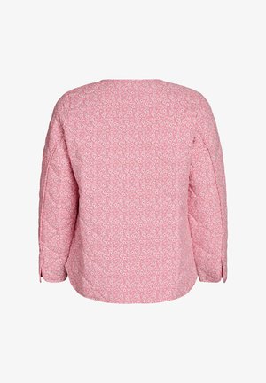 Lange pinke Jacke mit weißen kleinen Blumenmuster, geradem Saum und Schlitzdetails an den Bündchen, Rückansicht.