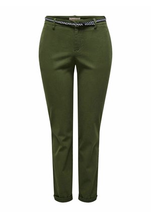 Pantalons vert olive ajustés, dotés d'une ceinture à motif et de poignets. Fabriqués en tissu lisse avec un design simple.