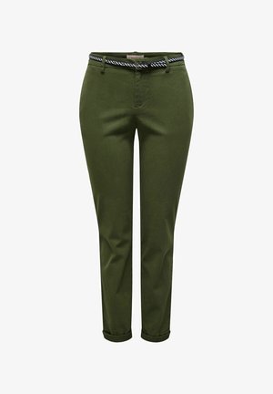 Pantalons vert olive ajustés, dotés d'une ceinture à motif et de poignets. Fabriqués en tissu lisse avec un design simple.