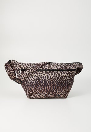 Taška přes rameno s tygrovaným vzorem a zipovým zavíráním, nastavitelného popruhu a měkké textury. Obsahuje kontrastní zip.