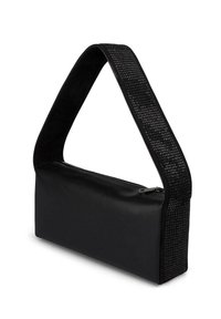 Czarna torebka na ramię o gładkiej, prostokątnej formie i teksturowanym pasku na ramię. Posiada zamek błyskawiczny i eleganckie szwy.