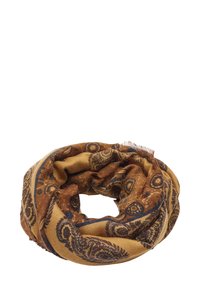 Brązowo-złoty komin w wzory, wykonany z miękkiej tkaniny, ozdobiony wzorami paisley, z postrzępionymi brzegami i wygodnym, okrągłym kształtem.