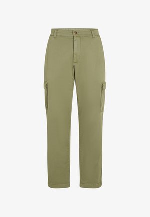 Olive green cargo pants made of soft fabric, featuring a straight leg design, two side pockets, and a button closure.