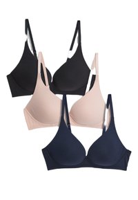 Quattro reggiseni in vari colori: nero, rosa chiaro e blu navy. Ognuno presenta un tessuto liscio e morbido, spalline regolabili e una forma triangolare classica.