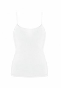 Débardeur blanc avec des bretelles fines réglables, fabriqué en tissu lisse, présentant un design ajusté et un col rond.