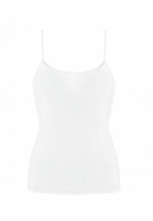 Witte cami-top met verstelbare dunne bandjes, gemaakt van gladde stof, met een getailleerd ontwerp en een ronde halslijn.