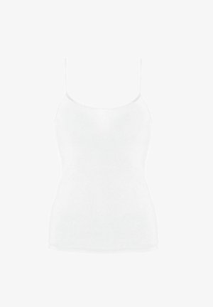 Witte cami-top met verstelbare dunne bandjes, gemaakt van gladde stof, met een getailleerd ontwerp en een ronde halslijn.