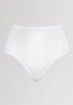 White cotton high-waisted underwear with a smooth texture, featuring a standard waistband and minimalist design, no visible patterns or hardware.