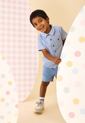 Naeratav noormees sinises ruudulises särgis ja lühikestes pükstes piilub välja täpilise paneeli tagant pastelse tausta ees.