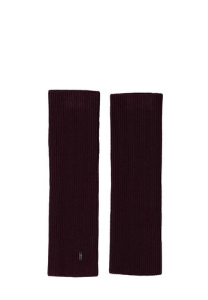 Paire de chauffe-bras longs en maille côtelée couleur bordeaux foncé, posés à plat côte à côte sur un fond blanc.