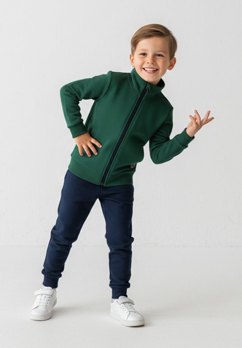Zielona kurtka na zamek z wysokim kołnierzem, zestawiona z granatowymi spodniami dresowymi i białymi trampkami. Dziecko pozuję z figlarnym gestem dłoni.