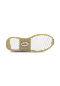 Schoenzool met een beige rubberen rand en een witte gestructureerde oppervlakte, voorzien van cirkelvormige grippatronen en een logo in het midden.