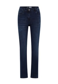 Tummansinisiä slim-fit farkkuja, joissa on vähäistä kulutusta, etupainike suljenta ja viisi taskua, esitettynä valkoista taustaa vasten.