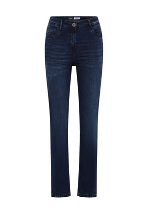 Tummansinisiä slim-fit farkkuja, joissa on vähäistä kulutusta, etupainike suljenta ja viisi taskua, esitettynä valkoista taustaa vasten.