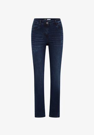 Tummansinisiä slim-fit farkkuja, joissa on vähäistä kulutusta, etupainike suljenta ja viisi taskua, esitettynä valkoista taustaa vasten.