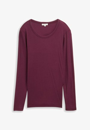 Dlouhý rukáv top v hluboké burgundské barvě, vyrobený z hladké tkaniny s kulatým výstřihem a bez viditelných ozdob.