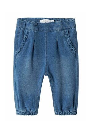 Pantaloni jogger in denim con una lavaggio blu medio, vita elastica, tasche frontali arricciate e pantaloni a culisse elasticizzati alle caviglie.