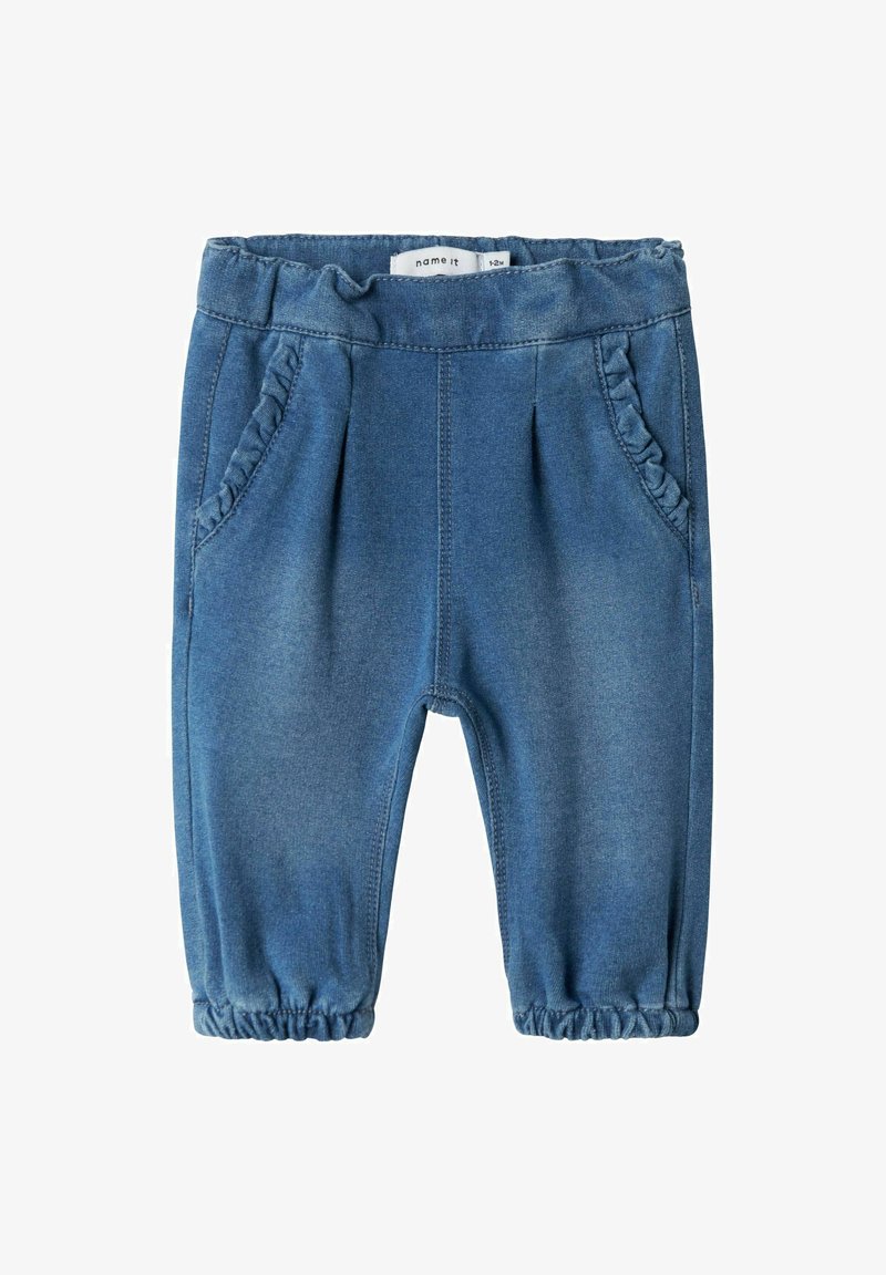 Pantaloni jogger in denim con una lavaggio blu medio, vita elastica, tasche frontali arricciate e pantaloni a culisse elasticizzati alle caviglie.