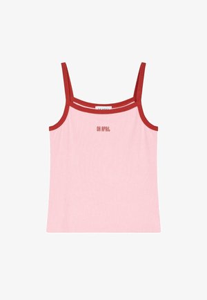 Svetlo ružové tielko s tenkými červenými ramienkami a červeným lemovaním. Obsahuje centrálny logo "OH APRIL" v jemnom tlačovom štýle. Mäkko, rebrované tkanivo.