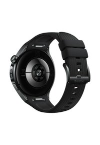 Black smartwatch with a round face, rubber strap, and circular sensor on the back. Features a metal rim and visible brand name, "Huawei."