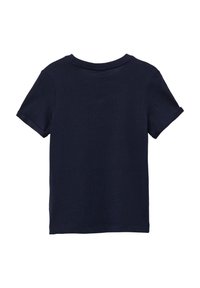 Navy katoenen T-shirt met korte mouwen, ronde hals en een eenvoudig ontwerp, met een gladde textuur en een rechte onderzoom.