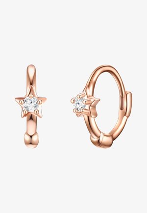 Rózsaarany színű karika fülbevalók csillag alakú dizájnnal, középen egy tiszta kővel. A fülbevaló sima felületű, és a karikán kerek díszítések találhatók.