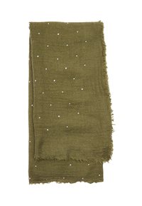 Szalik oliwkowozielony, wykonany z miękkiego materiału, zdobiony białymi groszkami i frędzlami na krawędziach. Lekki i o prostokątnym kształcie.