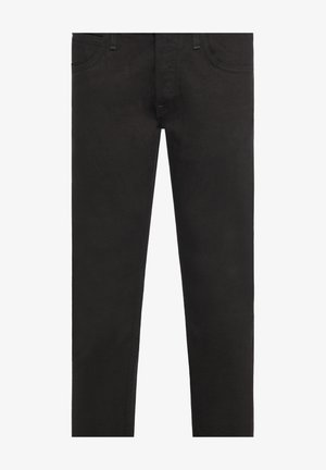 Czarne dżinsy slim fit, posiadające pięć kieszeni, akcenty w postaci szwów oraz zamek błyskawiczny. Materiał wydaje się solidny i gładki w dotyku.