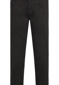 Černé džíny se štíhlým střihem, s předními kapsami a poutky na opasek, zobrazené na bílém pozadí.
