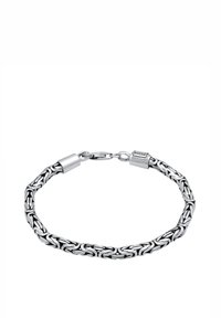 Silver chain bracelet featuring interwoven links, smooth texture, and a secure clasp with a small branded detail.