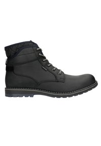 Black leather ankle boot with gray laces, quilted navy collar, and sturdy rubber sole. Features contrasting stitching and a side pull tab.