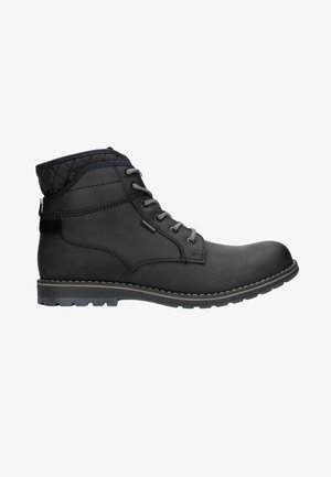 Zwarte leren enkelboot met grijze veters, gevoerde marineblauwe kraag en stevige rubberen zool. Heeft contrasterende stiksels en een zijhandgreep.