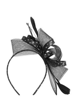 Fekete hajpánt rétegezett hálós hurkokkal, pöttyös szalaggal és toll díszítéssel dekoratív viselethez.