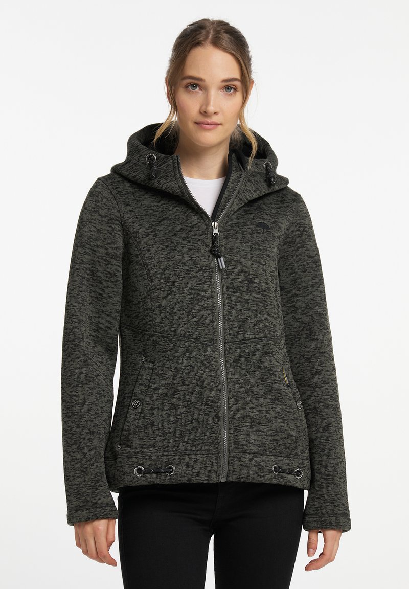 Mörkgrå zip-up jacka med ett strukturerat stickat mönster, huva, dragsnören och två framfickor. Har en figurnära design och elastiska ärmslut.